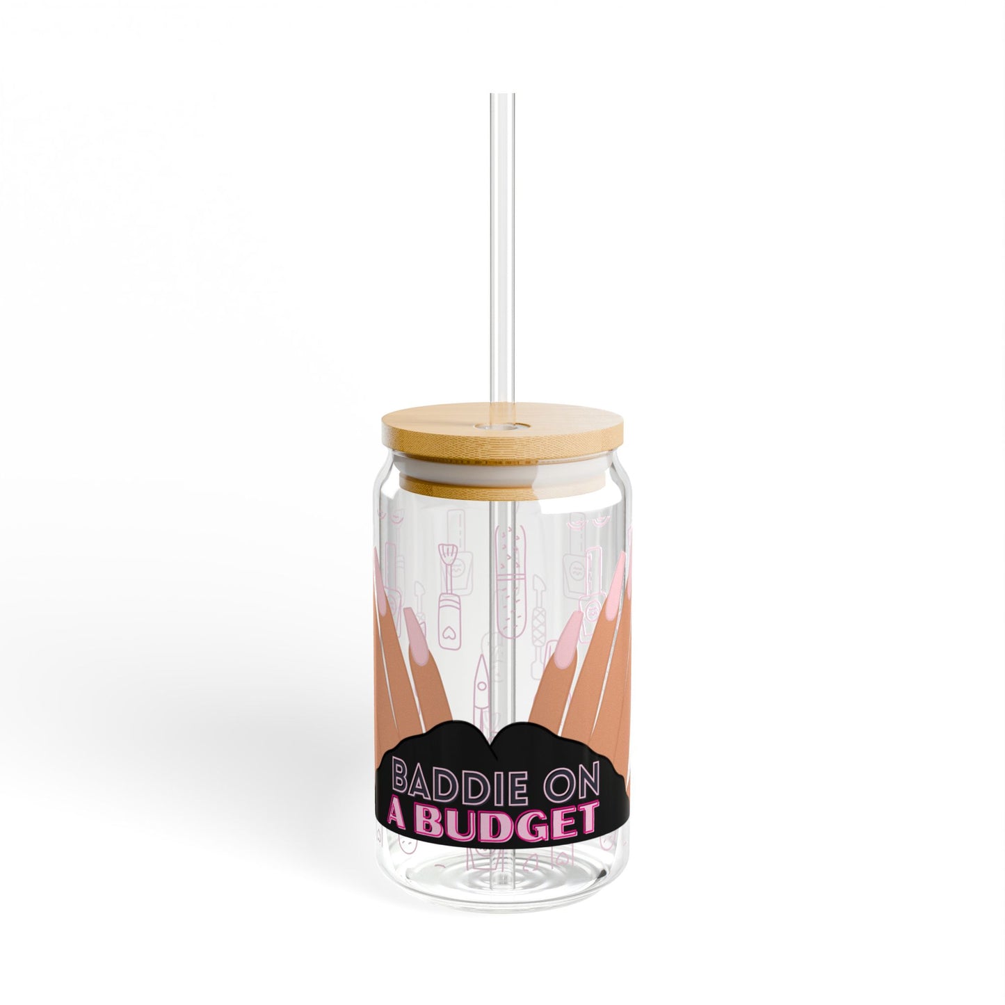 "Baddie on a Budget" 16oz Glass Cup with Bamboo Lid & Straw – LuxeA Nails