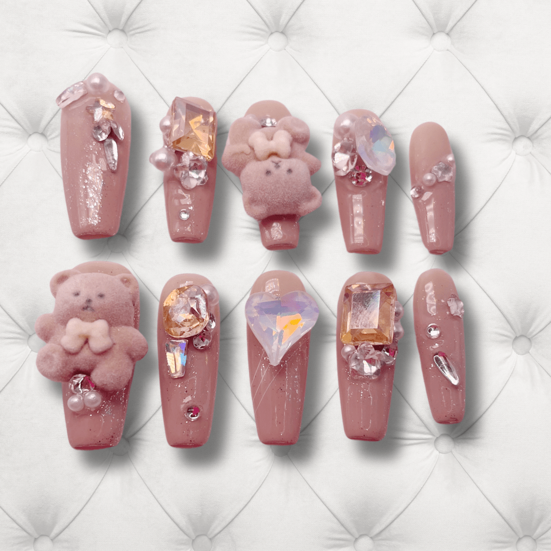 Teddy Glam Crystal Coffin Press-On Nails Set