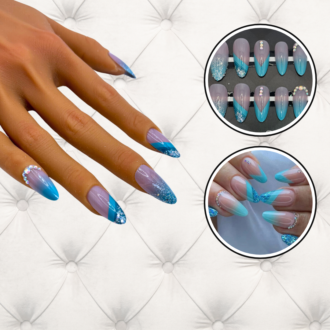 Blue Ice Luxe Press-On Nails – Almond Shape | Glitter & Rhinestone Detail