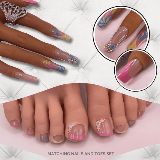 Colorful Floral French Tips Matching Nails & Toes Set