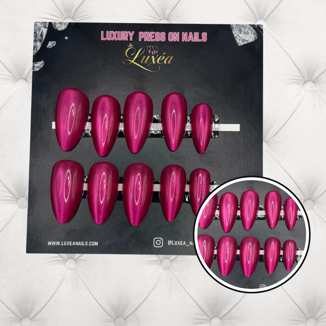 Cat Eye Press-On Nails – Fuchsia Pink | Magnetic Shimmer | Almond Shape