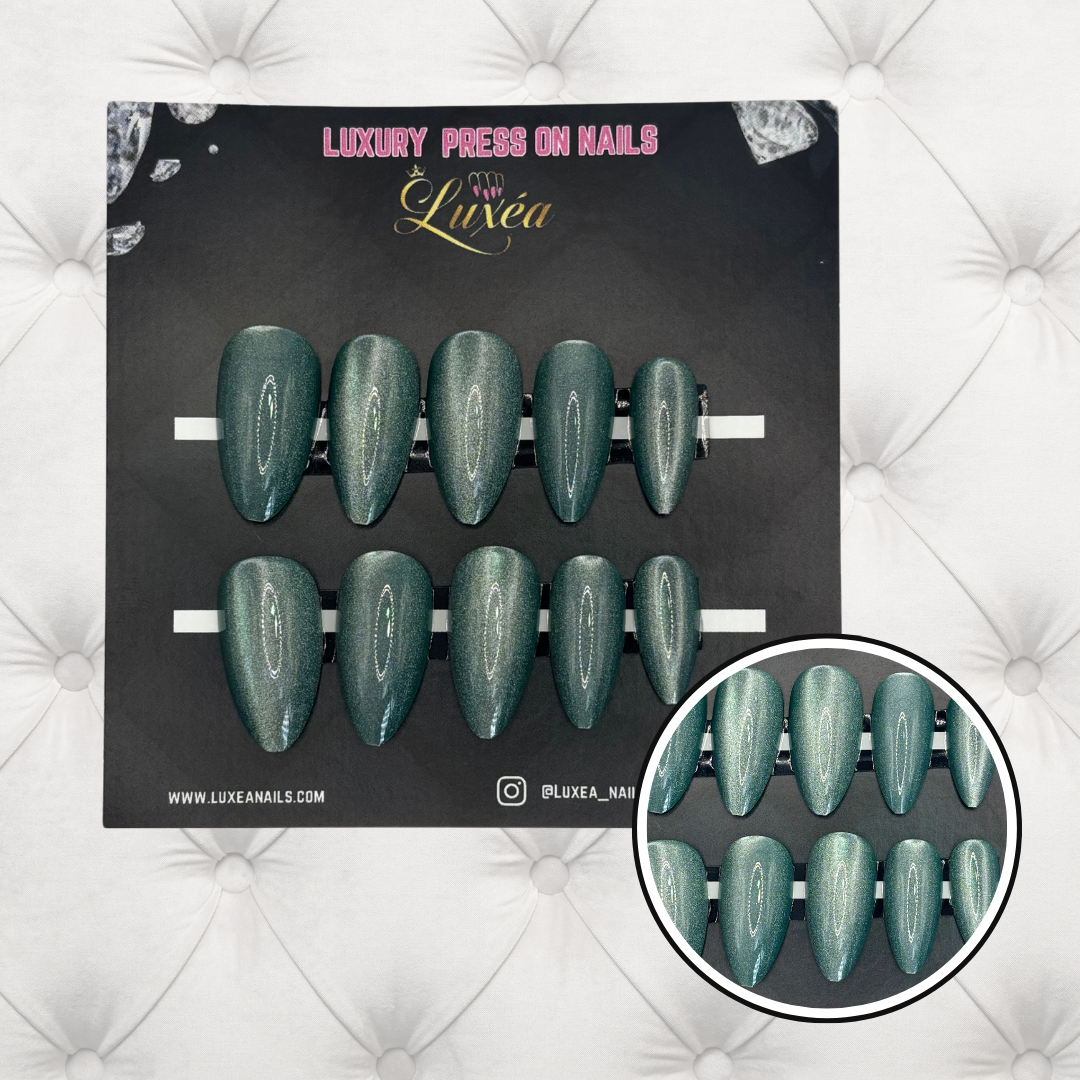 Misty Jade – Mint Green Cat Eye Press-On Nails | Almond Shape | Magnetic Glow