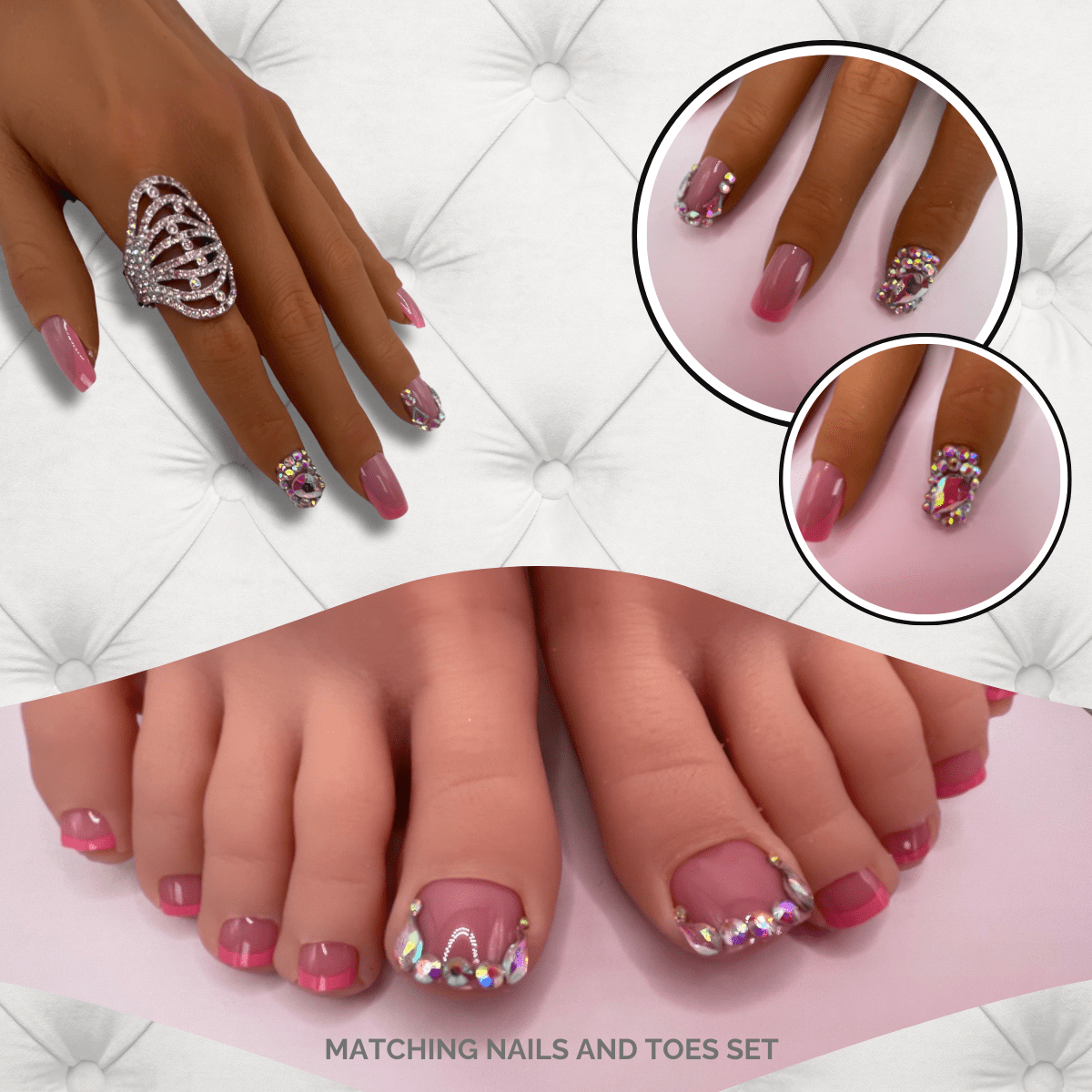 Pink French Tips Glam Matching Nails & Toes Set