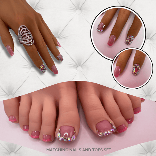 Pink French Tips Glam Matching Nails & Toes Set