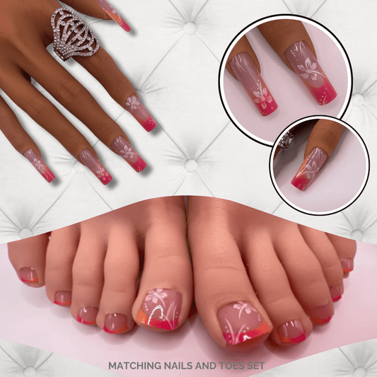 Pink & Orange Floral Ombre Matching Nails & Toes Set