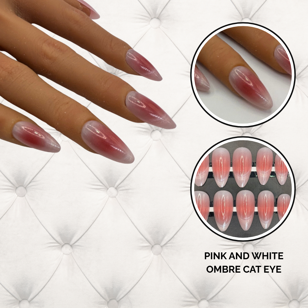 Cat Eye Press-On Nails – Pink & White Ombré | Almond Shape | Soft Shimmer Finish