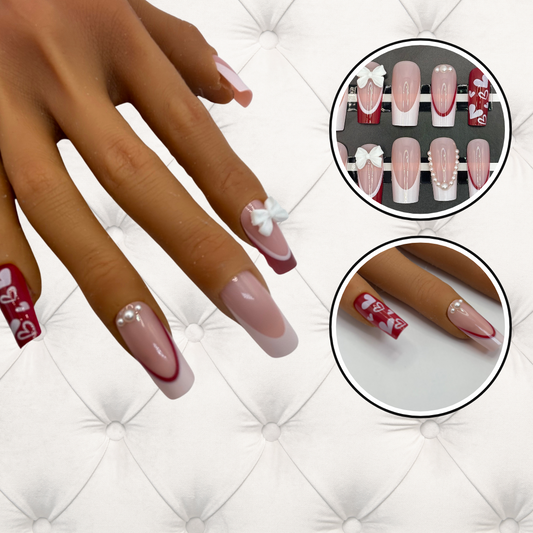 Red & White French Press-On Nails β Bows, Pearls & Heart Accent Design