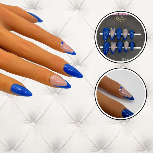 Royal Blue French Press-On Nails – Almond Shape with Gem Accents