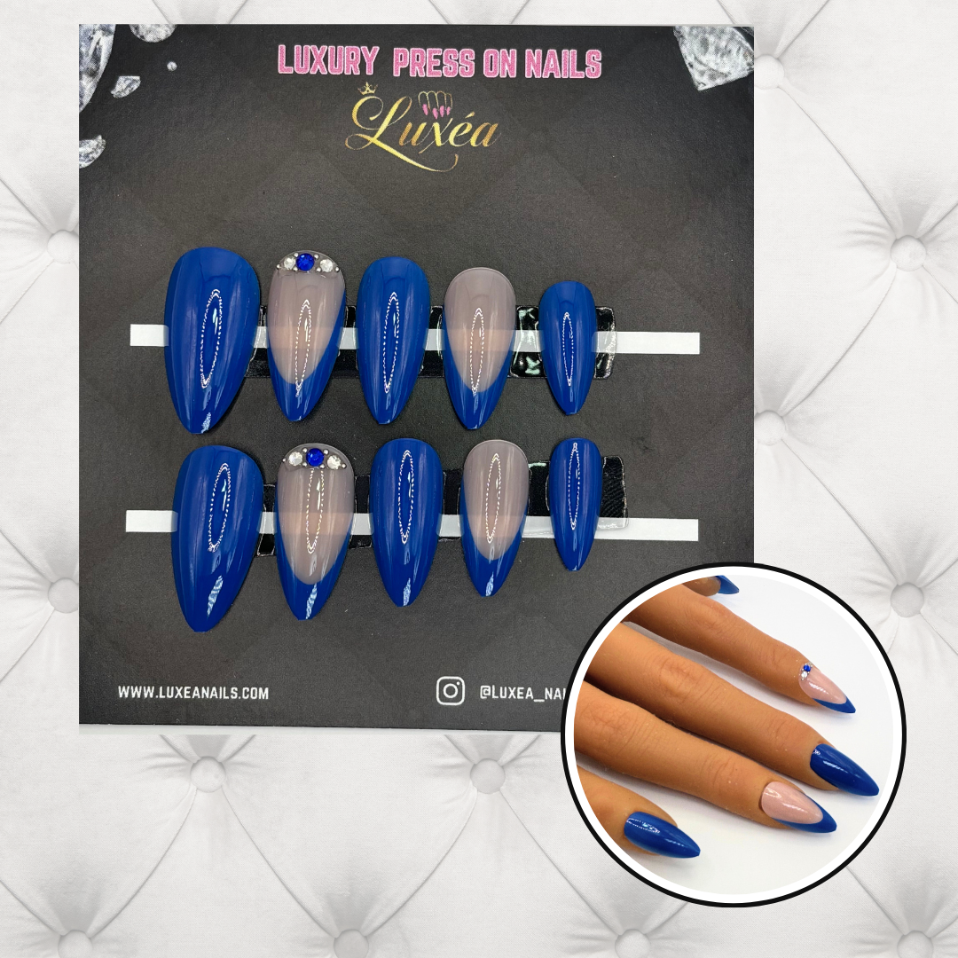 Royal Blue French Press-On Nails – Almond Shape with Gem Accents