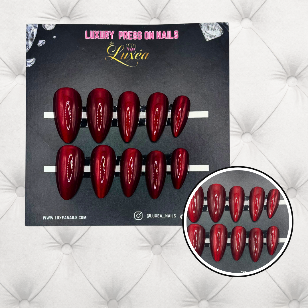 Bloody Bella – Cat Eye Press-On Nails | Almond Shape | Deep Red Shimmer