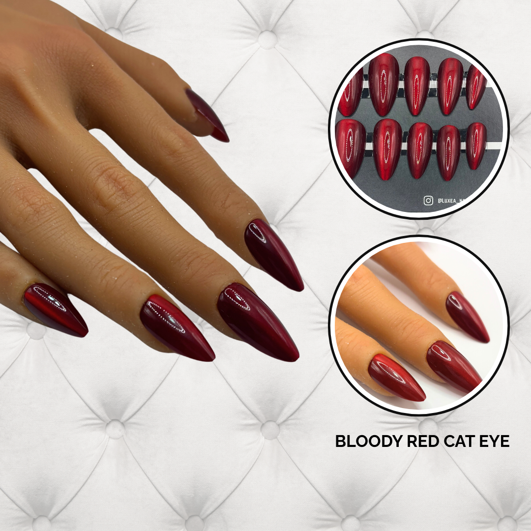 Bloody Bella – Cat Eye Press-On Nails | Almond Shape | Deep Red Shimmer