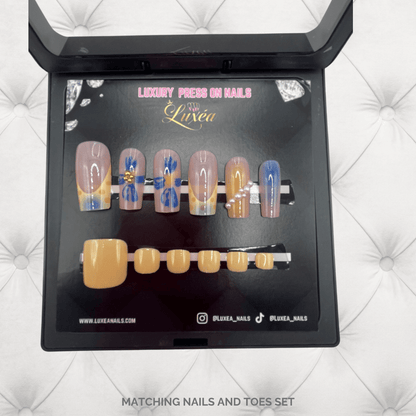 Yellow Tan & Blue Floral Matching Nails & Toes Set