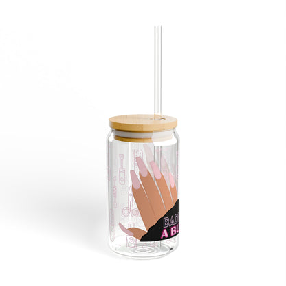 "Baddie on a Budget" 16oz Glass Cup with Bamboo Lid & Straw – LuxeA Nails