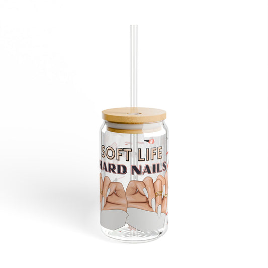Light Skin Tone "Soft Life, Hard Nails" 16oz Glass with Bamboo Lid & Straw