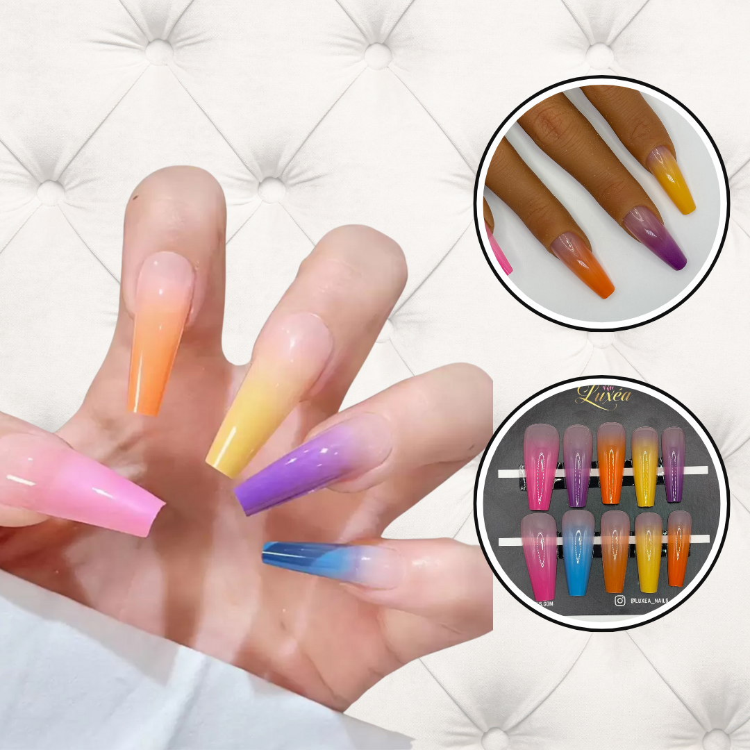 Rainbow Ombré Press-On Nail Set – Long Coffin Shape