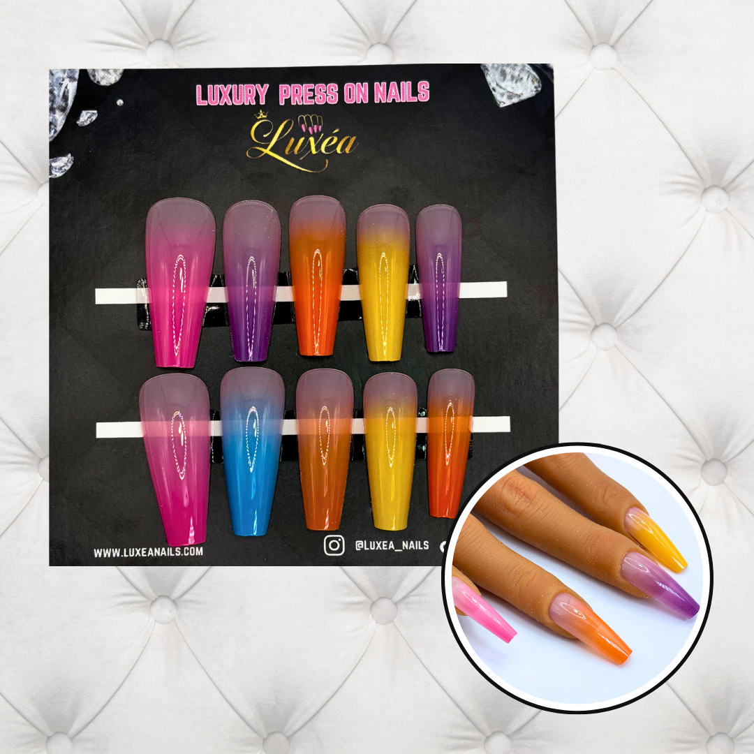 Rainbow Ombré Press-On Nail Set – Long Coffin Shape