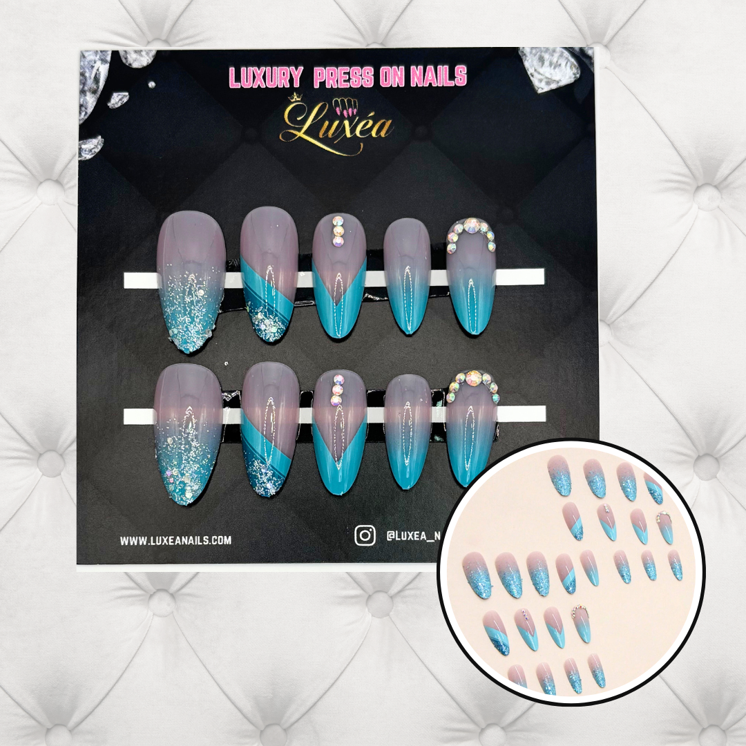 Blue Ice Luxe Press-On Nails – Almond Shape | Glitter & Rhinestone Detail