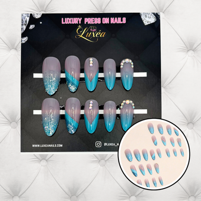 Blue Ice Luxe Press-On Nails – Almond Shape | Glitter & Rhinestone Detail