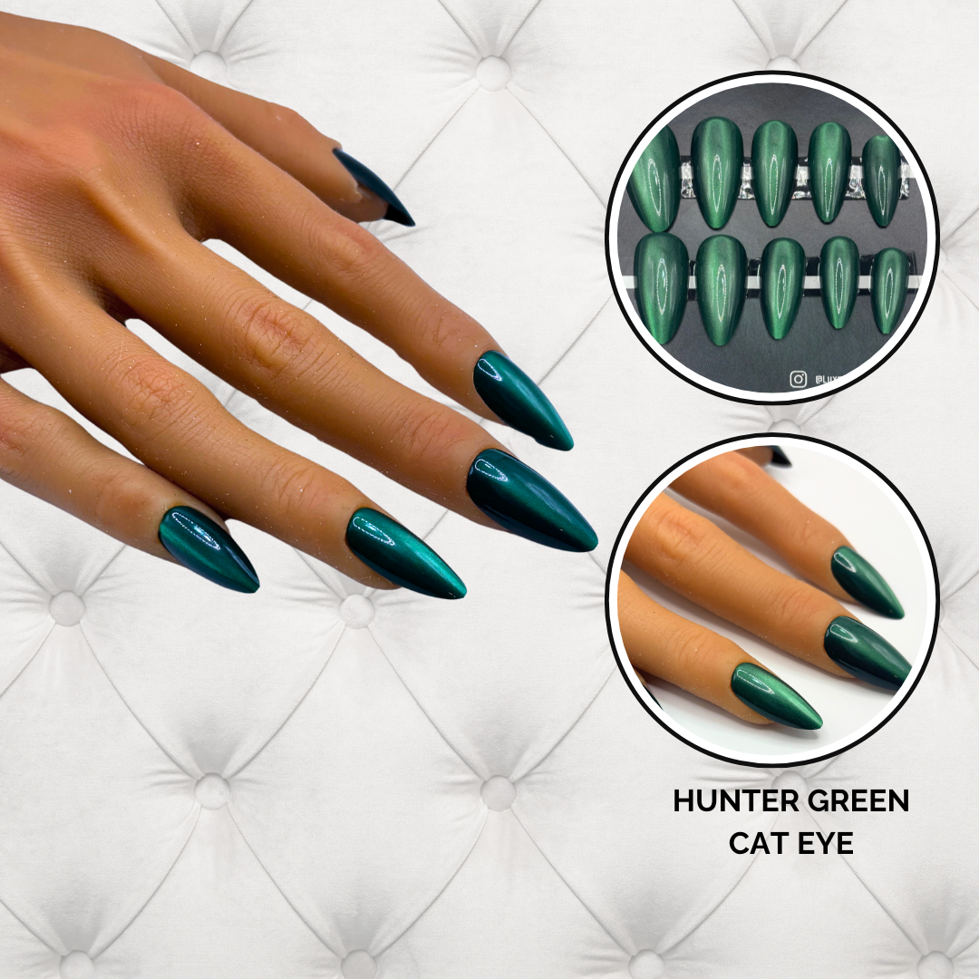 Cat Eye Press-On Nails – Hunter Green | Almond Shape | Magnetic Shine