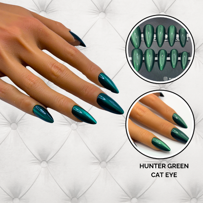 Cat Eye Press-On Nails – Hunter Green | Almond Shape | Magnetic Shine