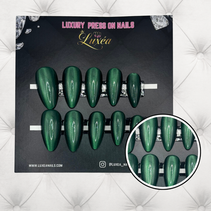 Cat Eye Press-On Nails – Hunter Green | Almond Shape | Magnetic Shine