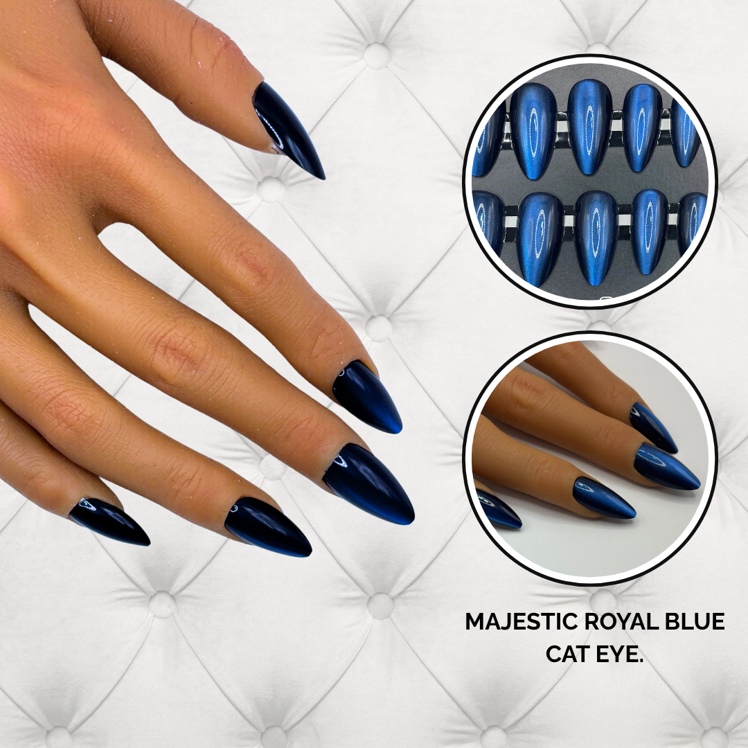 Cat Eye Press-On Nails – Majestic Royal Blue | Almond Shape | Shimmer Finish