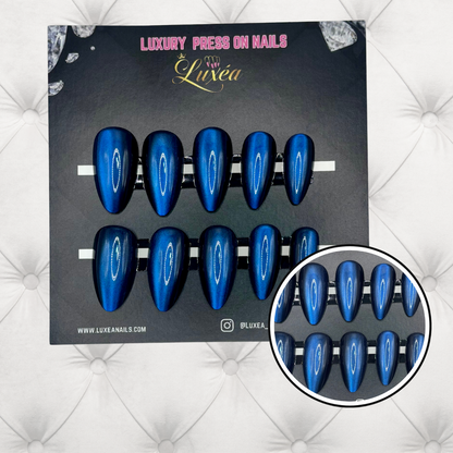 Cat Eye Press-On Nails – Majestic Royal Blue | Almond Shape | Shimmer Finish