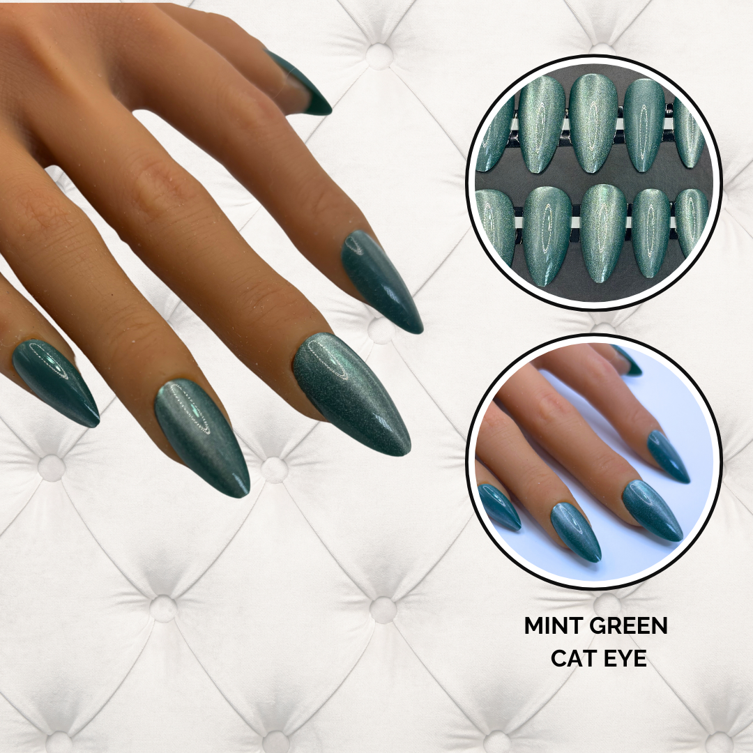 Misty Jade – Mint Green Cat Eye Press-On Nails | Almond Shape | Magnetic Glow