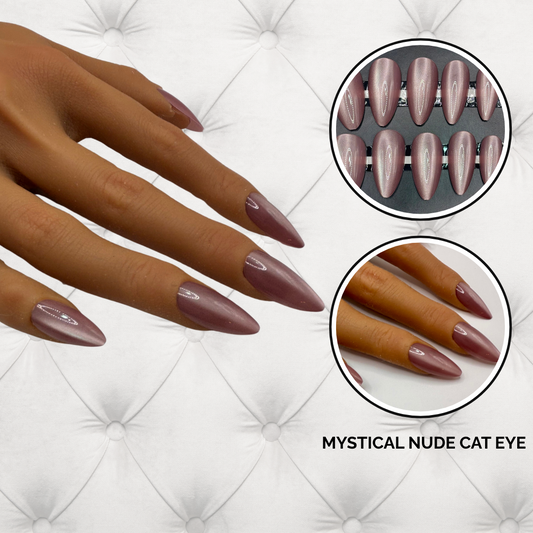 Cat Eye Press-On Nails – Mystical Nude | Almond Shape | Shimmer Glow
