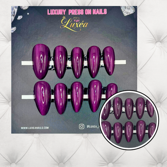 Cat Eye Press-On Nails – Mystical Purple | Almond Shape | Magnetic Shimmer