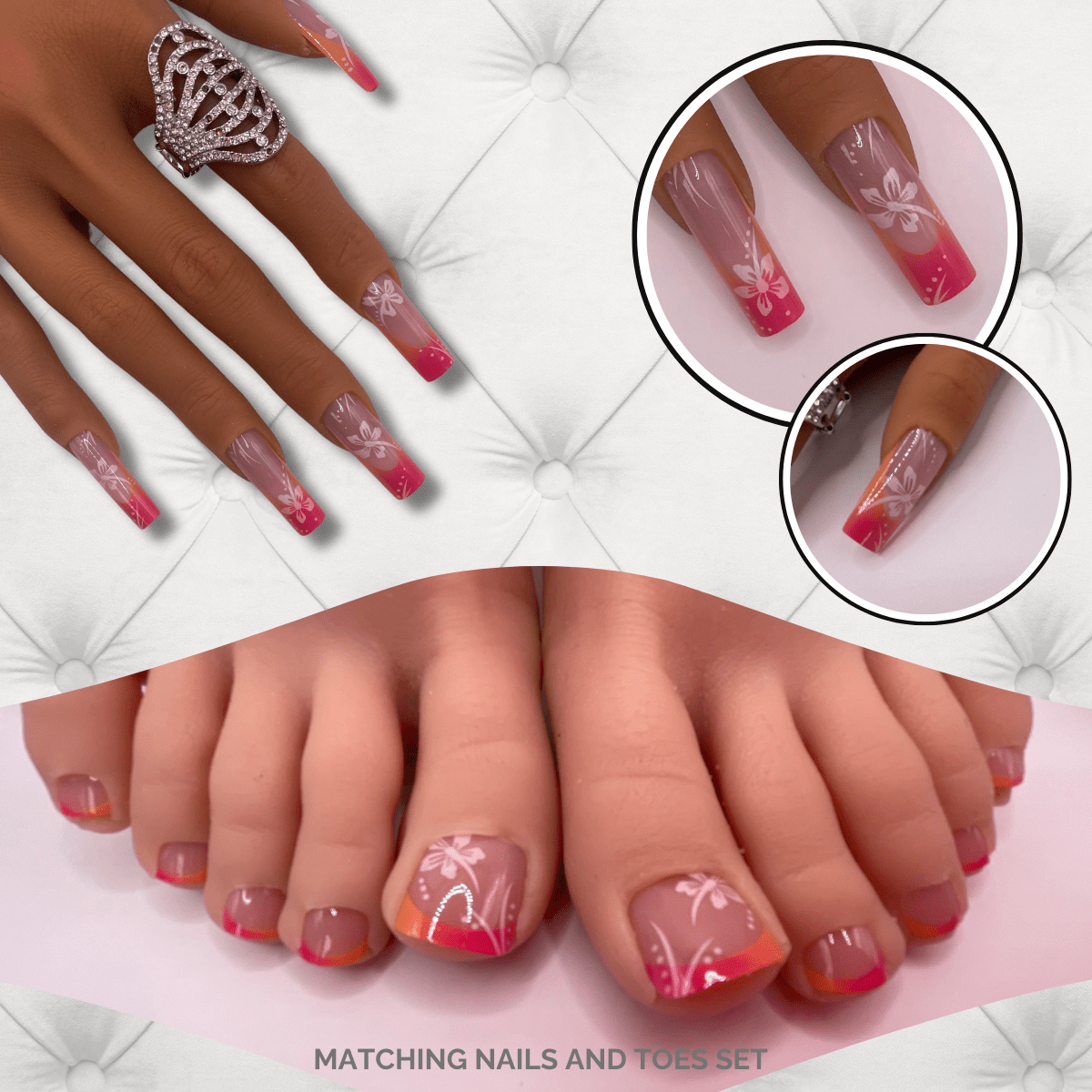 Pink & Orange Floral Ombre Matching Nails & Toes Set