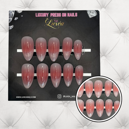 Cat Eye Press-On Nails – Pink & White Ombré | Almond Shape | Soft Shimmer Finish