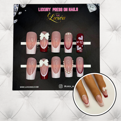 Red & White French Press-On Nails – Bows, Pearls & Heart Accent Design