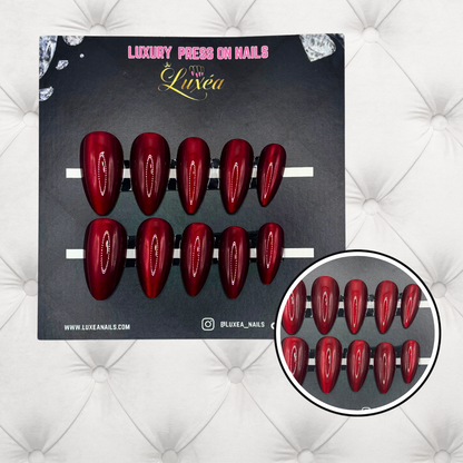Bloody Bella – Cat Eye Press-On Nails | Almond Shape | Deep Red Shimmer